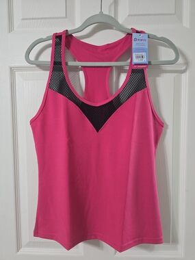 NWT POP Fit Hot Pink Racerback Tank with Black Mesh Accent